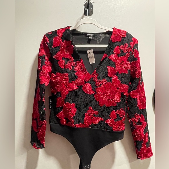 Express Lace Embroidered V-Neck Long Sleeve Thong Bodysuit size M - Picture 3 of 5